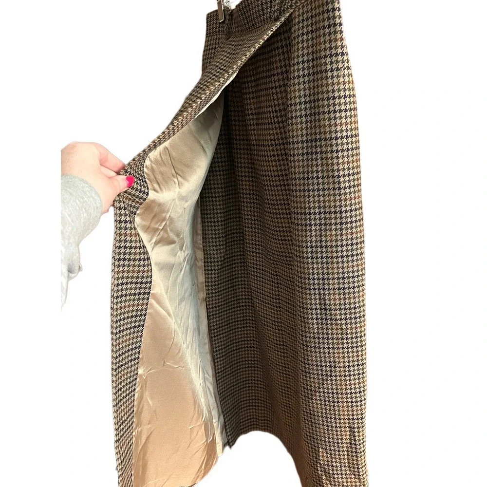 Talbots Vintage 100% Wool Houndstooth Pencil Skirt Brown Blue Plaid 10 Winter